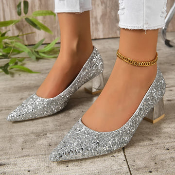 Xajzpa Silver Glitter Thick Heels Pumps Women Luxury Pointed Toe Party Wedding Shoes Woman Plus Size 42 Shallow High Heels Pumps Ladies